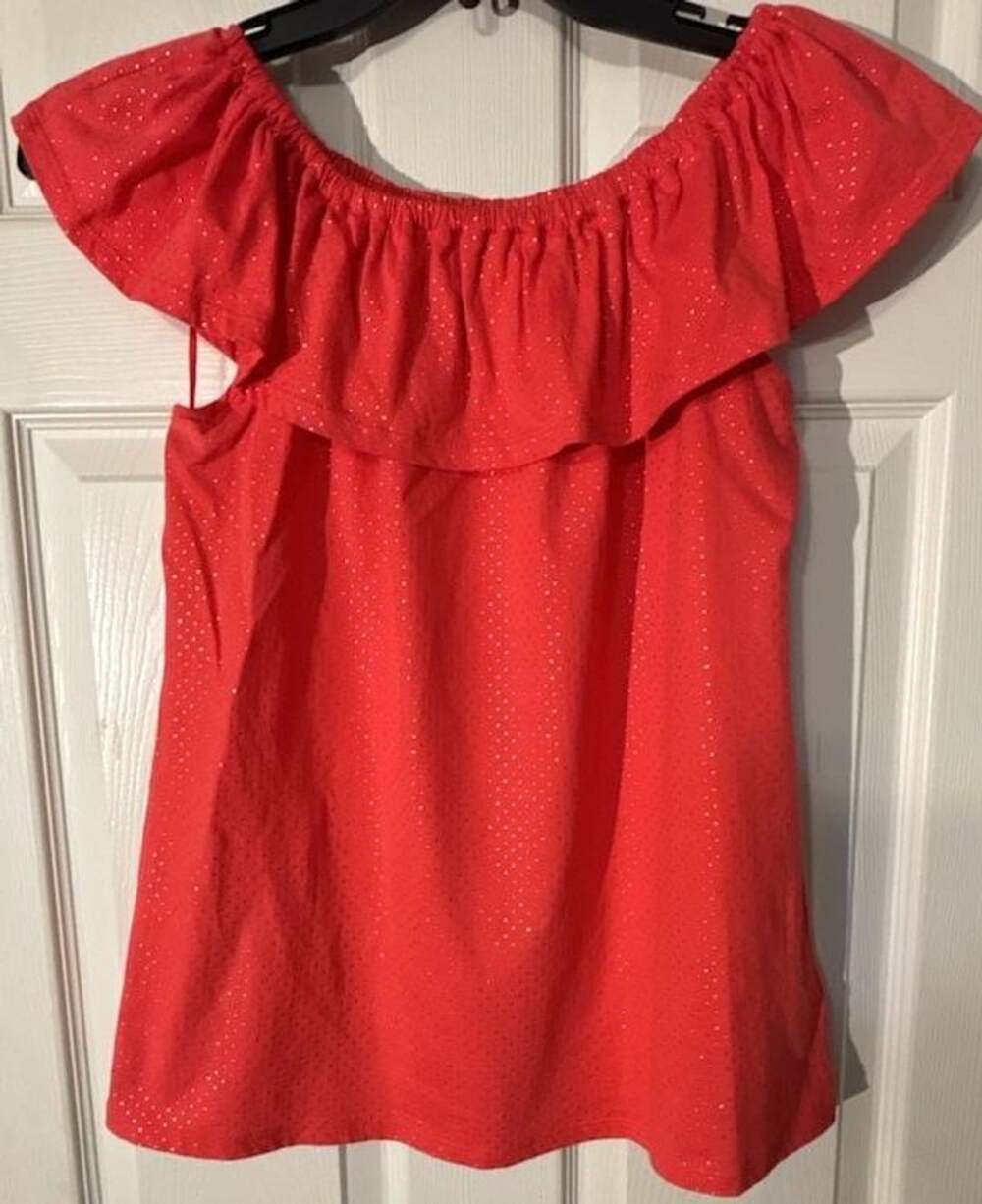 Michael Kors Off The Shoulder Top Size S Red Metallic Polka Dot Ruffle